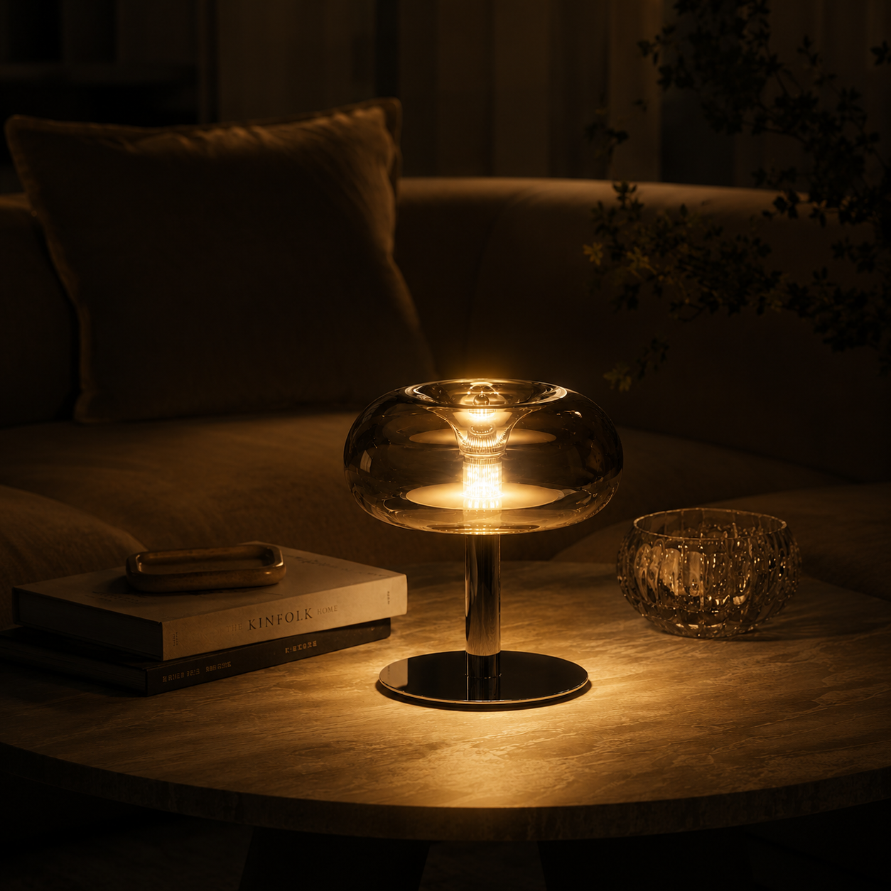 Modern Smoked Glass LED Table Lamp - Italian Mushroom