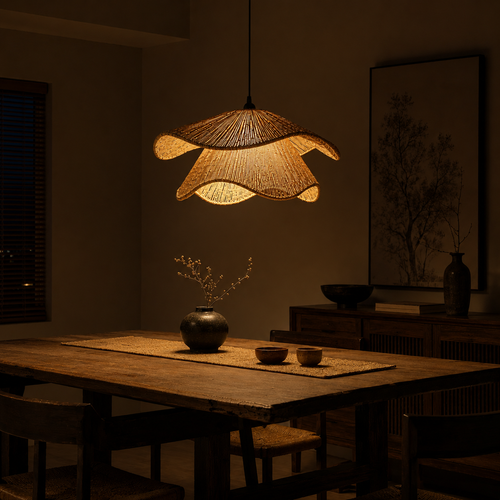 Handwoven Hemp Pendant Light — Wabi-Sabi Boho Dining Room Lamp