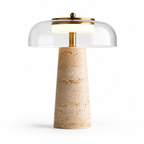 Travertine Stone Table Lamp — Nordic Bedside Light, Glass Shade